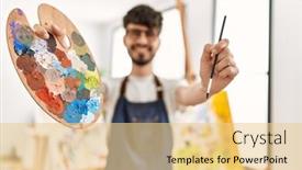  Presentation with art - PPT layouts consisting of young-hispanic-artist-man-smiling and a lemonade colored foreground