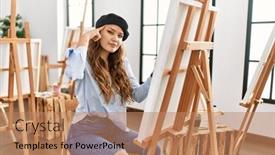  Presentation with great idea - Presentation consisting of young-hispanic-artist-woman-painting background and a coral colored foreground