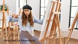  Presentation with woman sad - Presentation design having young-hispanic-artist-woman-painting background and a  colored foreground