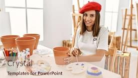  Presentation with art - PPT theme featuring young-hispanic-artist-woman-wearing background and a lemonade colored foreground