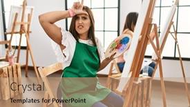  Presentation with women making - Presentation theme having young-hispanic-artist-women-painting background and a coral colored foreground