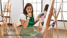  Presentation with women health - Slide deck with young-hispanic-artist-women-painting background and a coral colored foreground