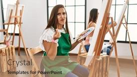  Presentation with business women - PPT theme with young-hispanic-artist-women-painting background and a coral colored foreground