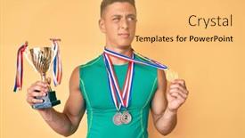  Presentation with champion - PPT theme consisting of young-hispanic-boy-holding-champion background and a yellow colored foreground