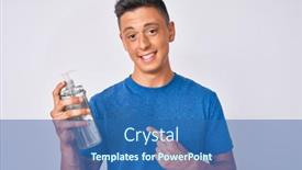  Presentation with hand sanitizer - Cool new PPT theme with young-hispanic-boy-using-hand backdrop and a ocean colored foreground