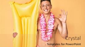  Presentation with matress - Audience pleasing PPT theme consisting of young-hispanic-boy-wearing-swimsuit backdrop and a coral colored foreground