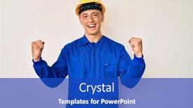  Presentation with worker - Audience pleasing presentation theme consisting of young-hispanic-boy-wearing-worker backdrop and a cobalt blue colored foreground