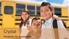  Presentation with school bus - Slide set consisting of young hispanic boys and girl background and a yellow colored foreground