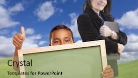  Presentation with chalk board - Colorful presentation theme enhanced with young hispanic boys with blank chalk board and teacher behind on grass field backdrop and a mint green colored foreground
