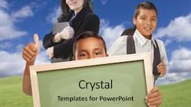  Presentation with chalk board - Presentation featuring young hispanic boys with blank chalk board and teacher behind on grass field background and a mint green colored foreground