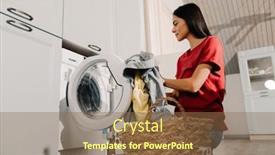  Presentation with clothes washing machine - PPT layouts featuring young-hispanic-brunette-woman-putting background and a tawny brown colored foreground
