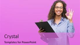  Presentation with young business woman smile show - Beautiful PPT layouts featuring young hispanic business woman holding backdrop and a lilac colored foreground