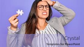  Presentation with cooperation puzzle - Theme featuring young-hispanic-business-woman-holding background and a light blue colored foreground