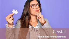  Presentation with cooperation puzzle - Colorful PPT layouts enhanced with young-hispanic-business-woman-holding backdrop and a coral colored foreground