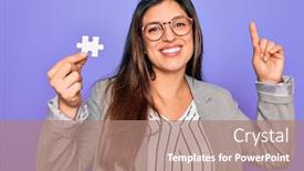  Presentation with cooperation puzzle - Slide deck having young-hispanic-business-woman-holding background and a coral colored foreground
