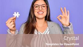  Presentation with cooperation puzzle - Colorful PPT layouts enhanced with young-hispanic-business-woman-holding backdrop and a coral colored foreground