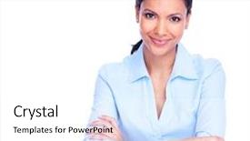  Presentation with young business woman smile show - Cool new presentation theme with young hispanic business woman isolated backdrop and a white colored foreground