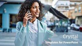  Presentation with confident young hispanic woman - Slides featuring young-hispanic-business-woman-wearing background and a light blue colored foreground