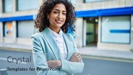  Presentation with confident young hispanic woman - PPT theme with young-hispanic-business-woman-wearing background and a light blue colored foreground