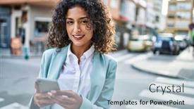  Presentation with confident young hispanic woman - PPT theme enhanced with young-hispanic-business-woman-wearing background and a light blue colored foreground