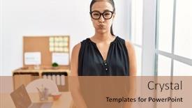 Presentation with puffing - Presentation having young-hispanic-business-woman-working background and a coral colored foreground
