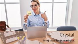  Presentation with taxes - Presentation design enhanced with young-hispanic-business-woman background and a coral colored foreground