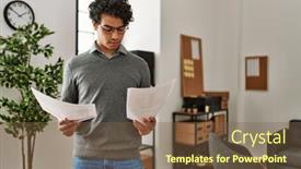  Presentation with reading - Presentation design featuring young-hispanic-businessman-concentrate-reading background and a tawny brown colored foreground