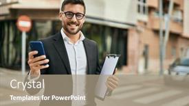  Presentation with hispanic - Cool new presentation design with young-hispanic-businessman-smiling-happy backdrop and a coral colored foreground