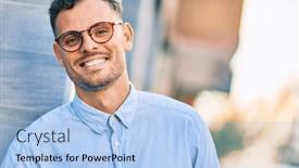  Presentation with city - Beautiful slide set featuring young-hispanic-businessman-smiling-happy backdrop and a light blue colored foreground