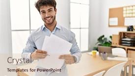  Presentation with paperwork - Theme enhanced with young-hispanic-businessman-smiling-happy background and a lemonade colored foreground