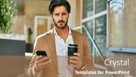  Presentation with smartphone - Colorful slide deck enhanced with young-hispanic-businessman-using-smartphone backdrop and a coral colored foreground