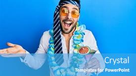  Presentation with cocktail party - Slide deck featuring young-hispanic-businessman-wearing-party background and a teal colored foreground