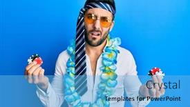  Presentation with party - Colorful slide set enhanced with young-hispanic-businessman-wearing-party backdrop and a light blue colored foreground