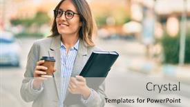  Presentation with binder - Presentation design consisting of young-hispanic-businesswoman-drinking-coffee background and a light gray colored foreground