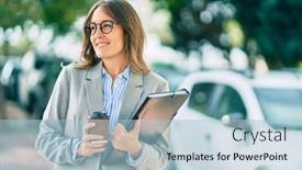  Presentation with binder - Cool new slide deck with young-hispanic-businesswoman-drinking-coffee backdrop and a light blue colored foreground