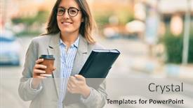  Presentation with binder - Colorful PPT layouts enhanced with young-hispanic-businesswoman-drinking-coffee backdrop and a soft green colored foreground