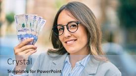  Presentation with college education happy smiling - PPT theme having young-hispanic-businesswoman-smiling-happy background and a light blue colored foreground