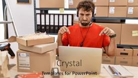  Presentation with call center - Presentation theme with young-hispanic-call-center-agent background and a coral colored foreground