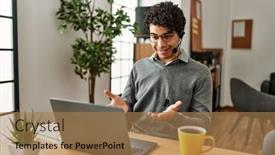  Presentation with call center - Presentation design consisting of young-hispanic-call-center-agent background and a  colored foreground