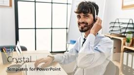  Presentation with call center - Presentation featuring young-hispanic-call-center-agent background and a  colored foreground