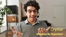  Presentation with call center - PPT layouts with young-hispanic-call-center-agent background and a violet colored foreground