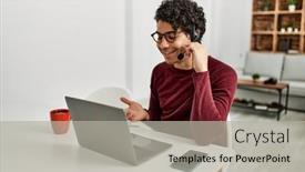  Presentation with call center - Presentation design having young-hispanic-call-center-agent background and a light gray colored foreground