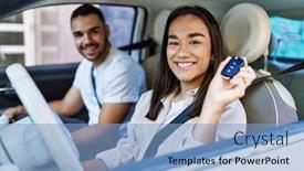  Presentation with auto - Slide set having young-hispanic-couple-driving-auto background and a  colored foreground