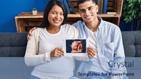  Presentation with young happy couple - Slide deck with young-hispanic-couple-expecting background and a light blue colored foreground