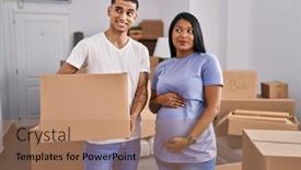  Presentation with new baby - PPT theme consisting of young-hispanic-couple-expecting background and a coral colored foreground