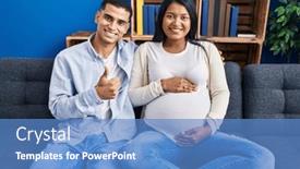  Presentation with baby sitting - Slides having young-hispanic-couple-expecting background and a teal colored foreground