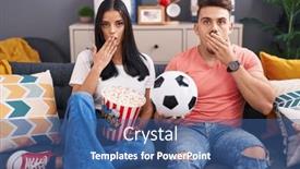  Presentation with popcorn - PPT theme with young-hispanic-couple-football-hooligans background and a ocean colored foreground