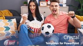  Presentation with popcorn - Slide deck with young-hispanic-couple-football-hooligans background and a ocean colored foreground