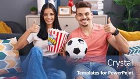  Presentation with popcorn - PPT layouts enhanced with young-hispanic-couple-football-hooligans background and a ocean colored foreground