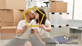  Presentation with new home - Presentation theme consisting of young-hispanic-couple-kissing background and a mint green colored foreground